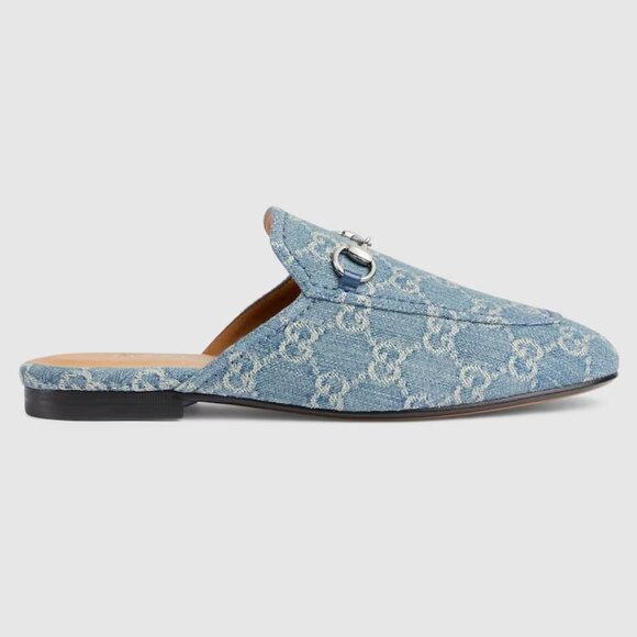 Gucci Princetown GG Monogram Denim Horsebit Flat Mule Slide Sandals Loafers - Picture 1 of 16